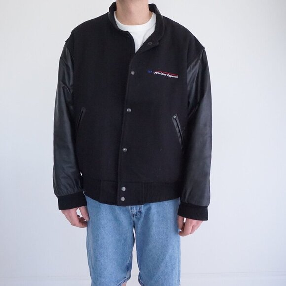 Vintage '90s Marv Holland Black Wool Leather Button Up Varsity Jacket L - Picture 1 of 9